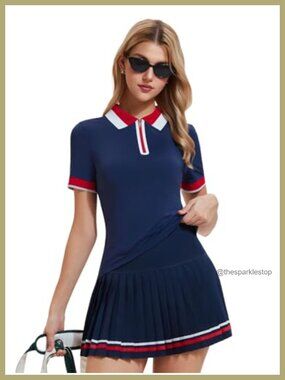 Women's 2-Piece Tennis Skirt Set: Polo Top & High-Waisted Pleated Skirt with